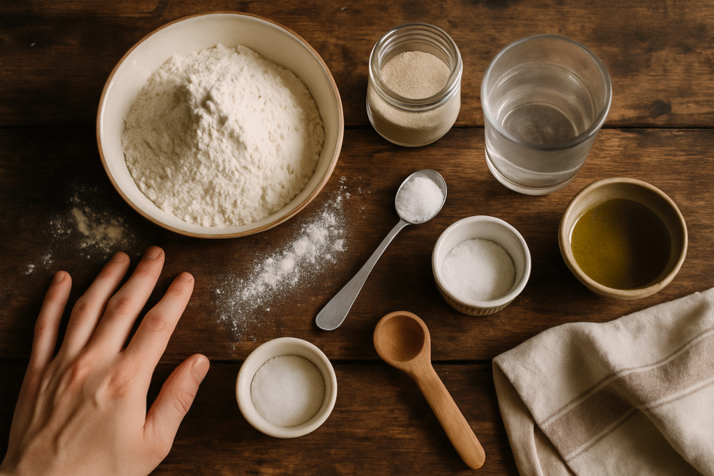 Ingredients for making dough arranged neatly