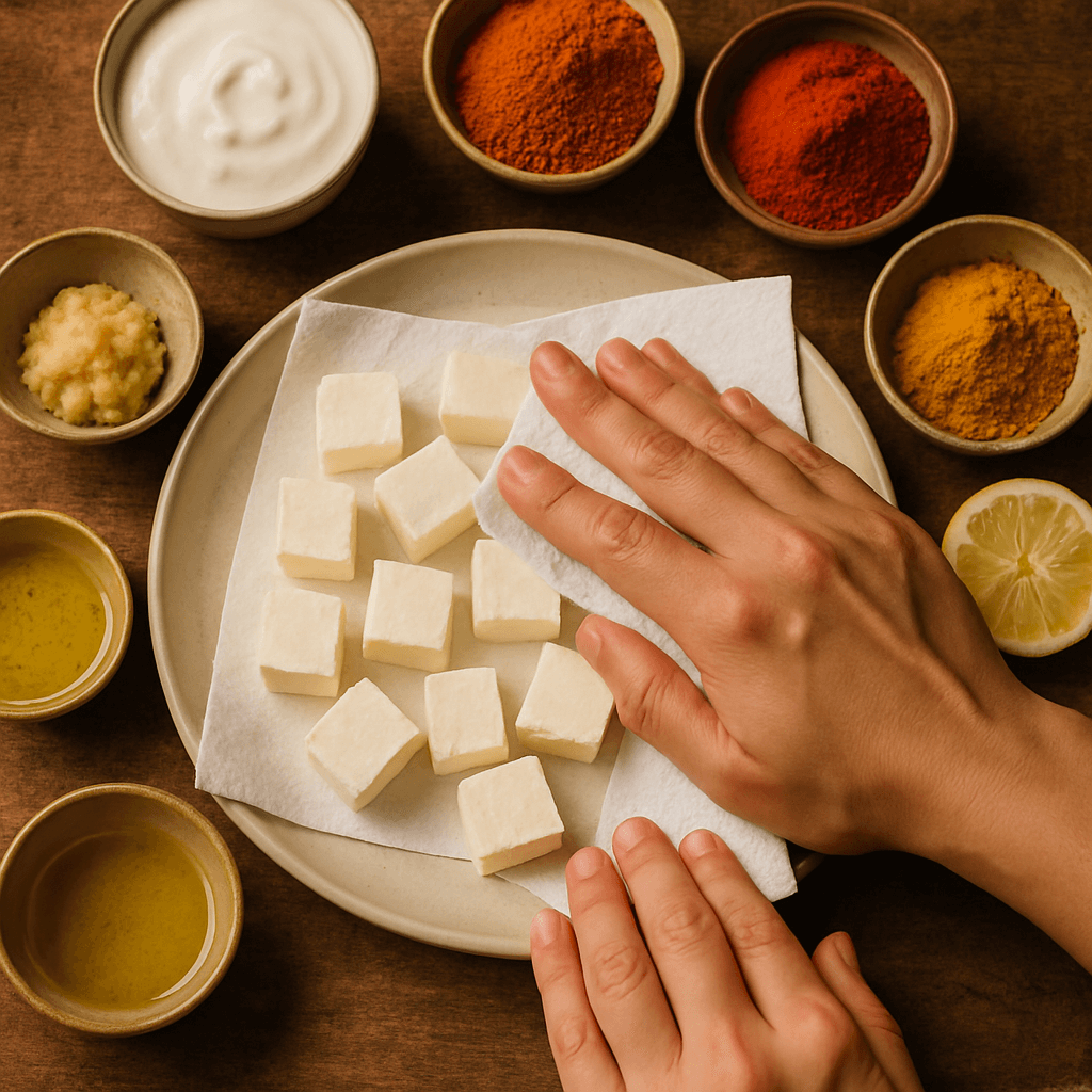 Preparing paneer with spices and ingredients