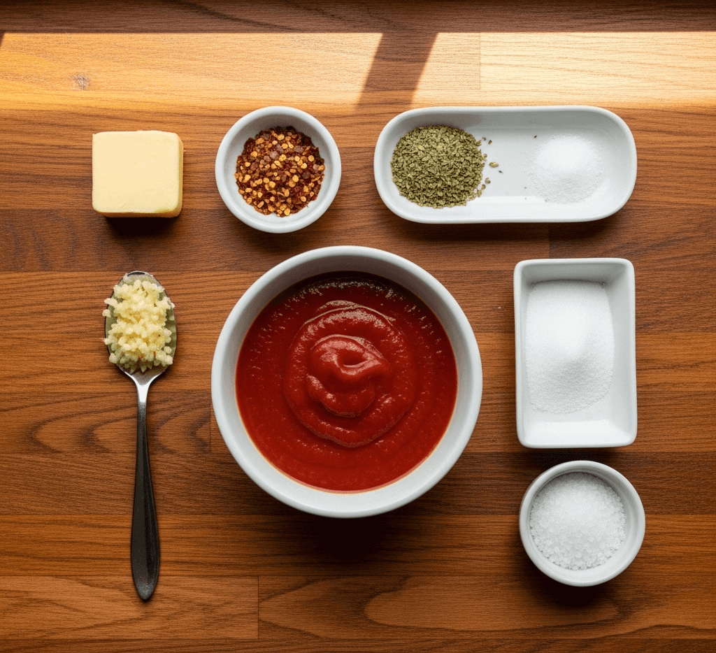 Ingredients for pizza sauce preparation.