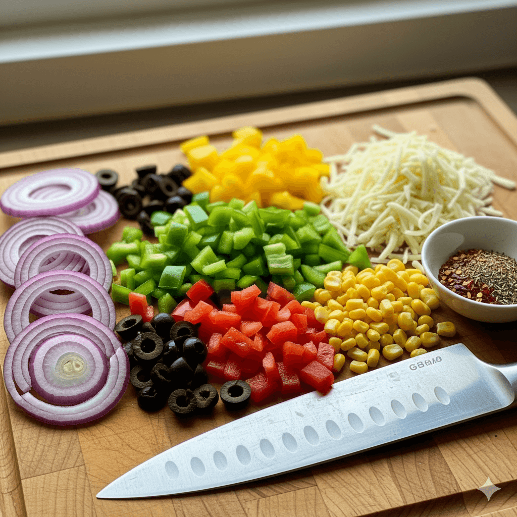 Colorful chopped vegetables and spices