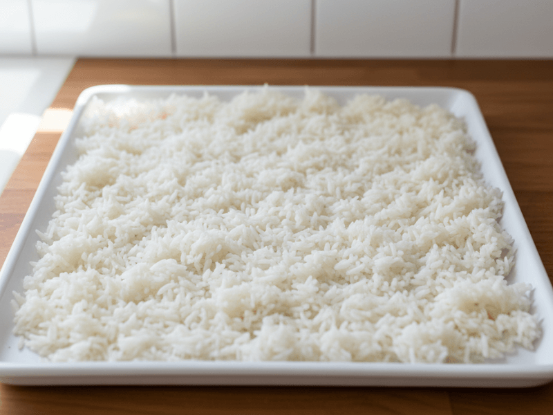 Cooling basmati rice for Paneer Fried Rice on a white tray.