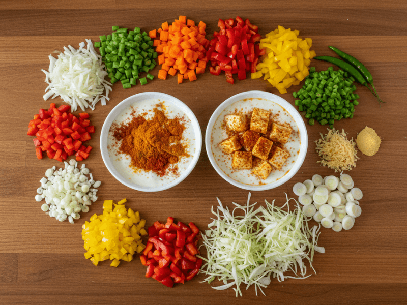 Prepped ingredients for Paneer Fried Rice including paneer, spices, and chopped vegetables.