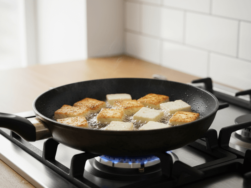 Frying golden paneer cubes for Paneer Fried Rice in a non-stick skillet.