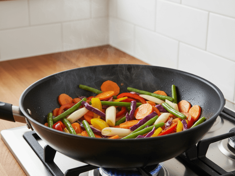 Stir-frying vibrant vegetables for Paneer Fried Rice in a wok on a gas stove.