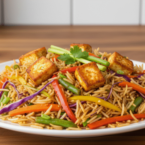 A plate of Paneer Fried Rice recipe from foodiewe