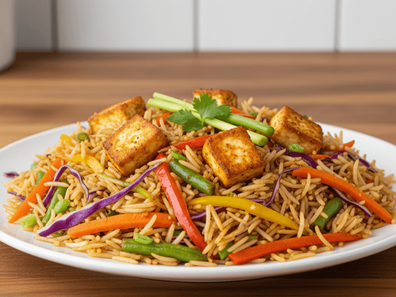 Plated Paneer Fried Rice, garnished and ready to serve.