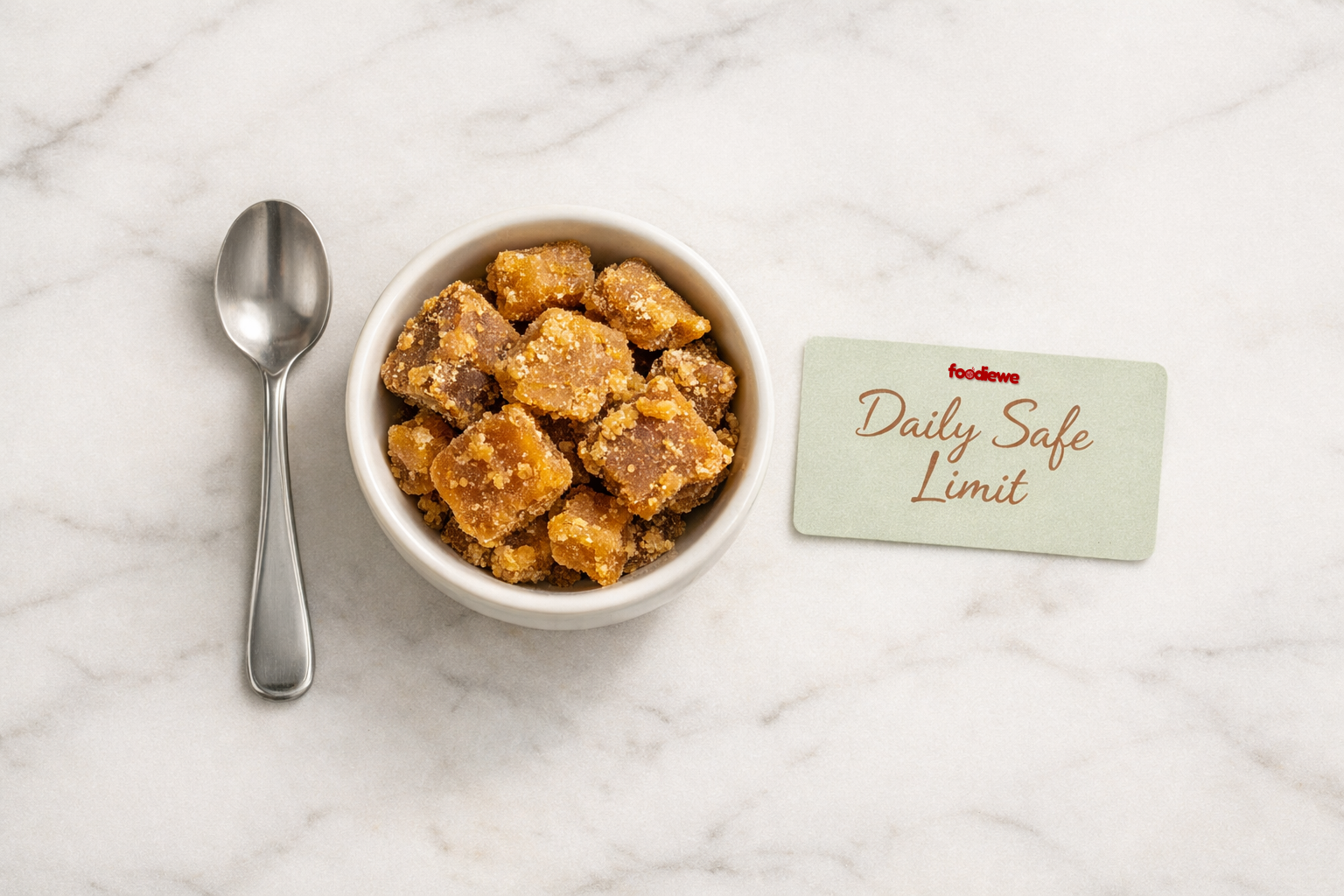 how much jaggery per day is safe — jaggery block and spoon on board